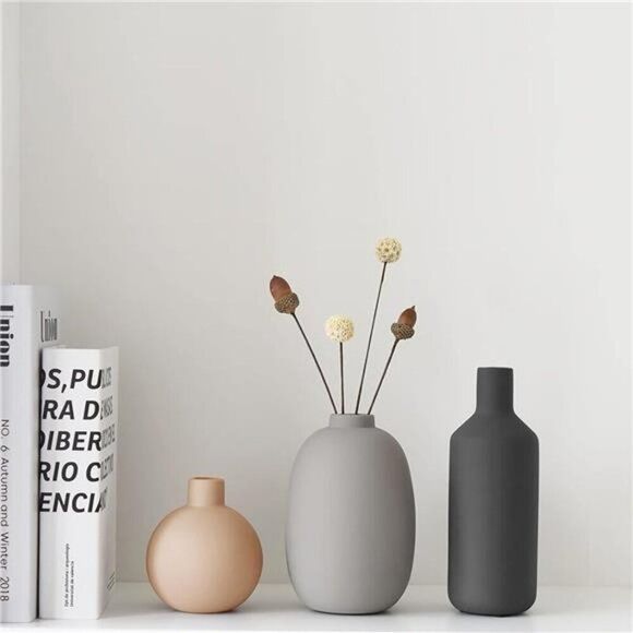 Set of 3 Neutral Ceramic Vases Modern Farmhouse Decor for Shelf Table Entry - Picture 5 of 6